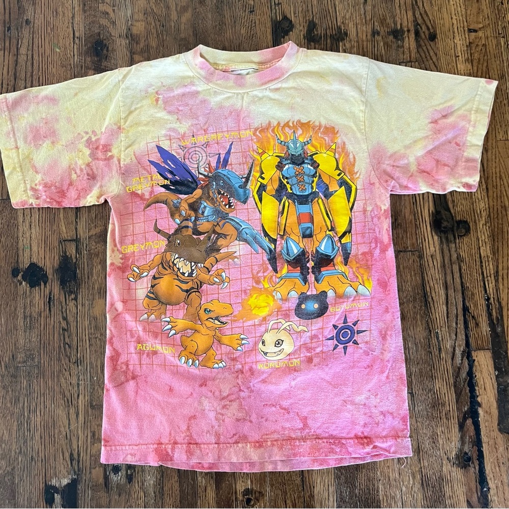 Vintage Y2K Digimon Anime Children’s Unisex Large Preowned Orange Pink Tye Dye
